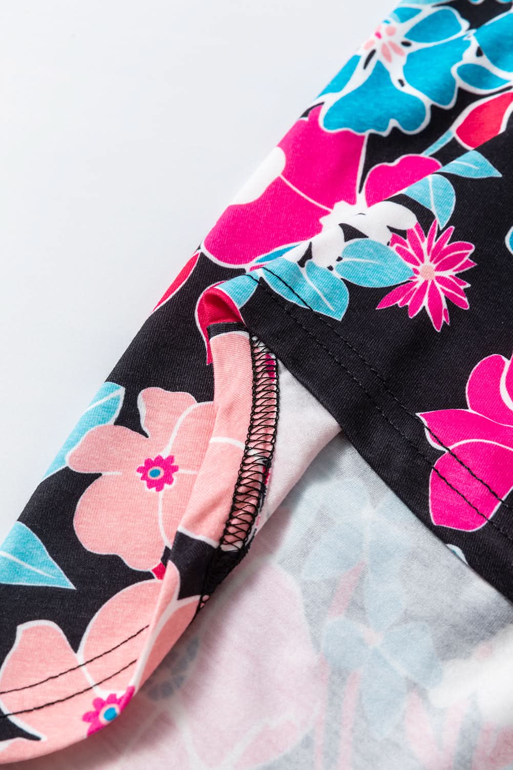 Pink Floral V Neck Roll Tab Sleeve Blouse - Love Salve